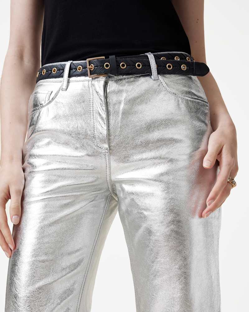 Saige Straight Fit Foiled Leather Trousers