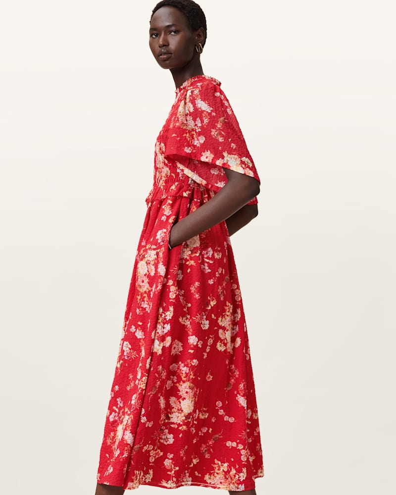 Mya Floral Print Shirred Midi Dress