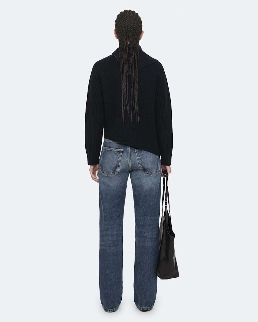 Asymmetric funnel-neck wool jumper