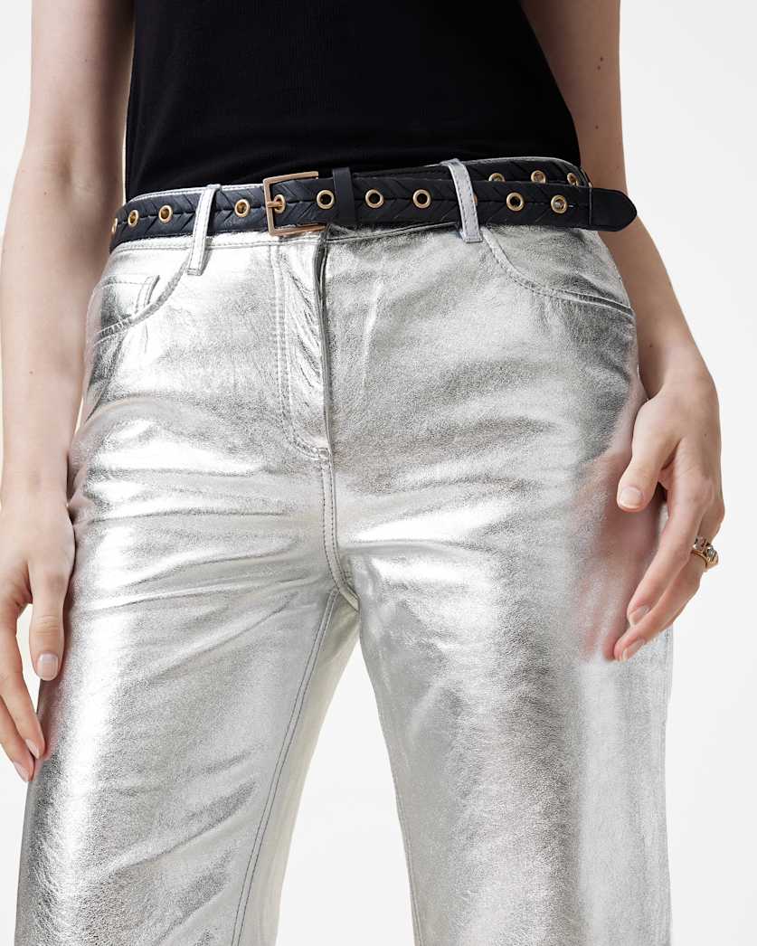 Saige Straight Fit Foiled Leather Trousers