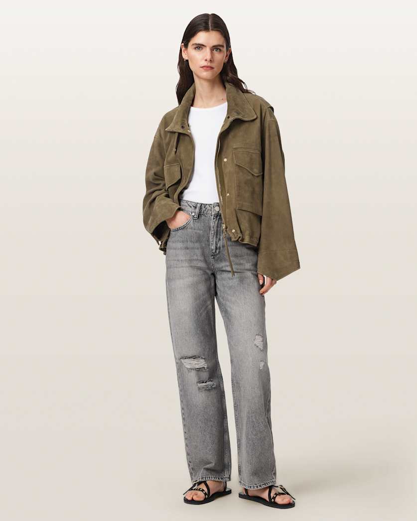 Clay Funnel Neck Suede Cropped Jacket