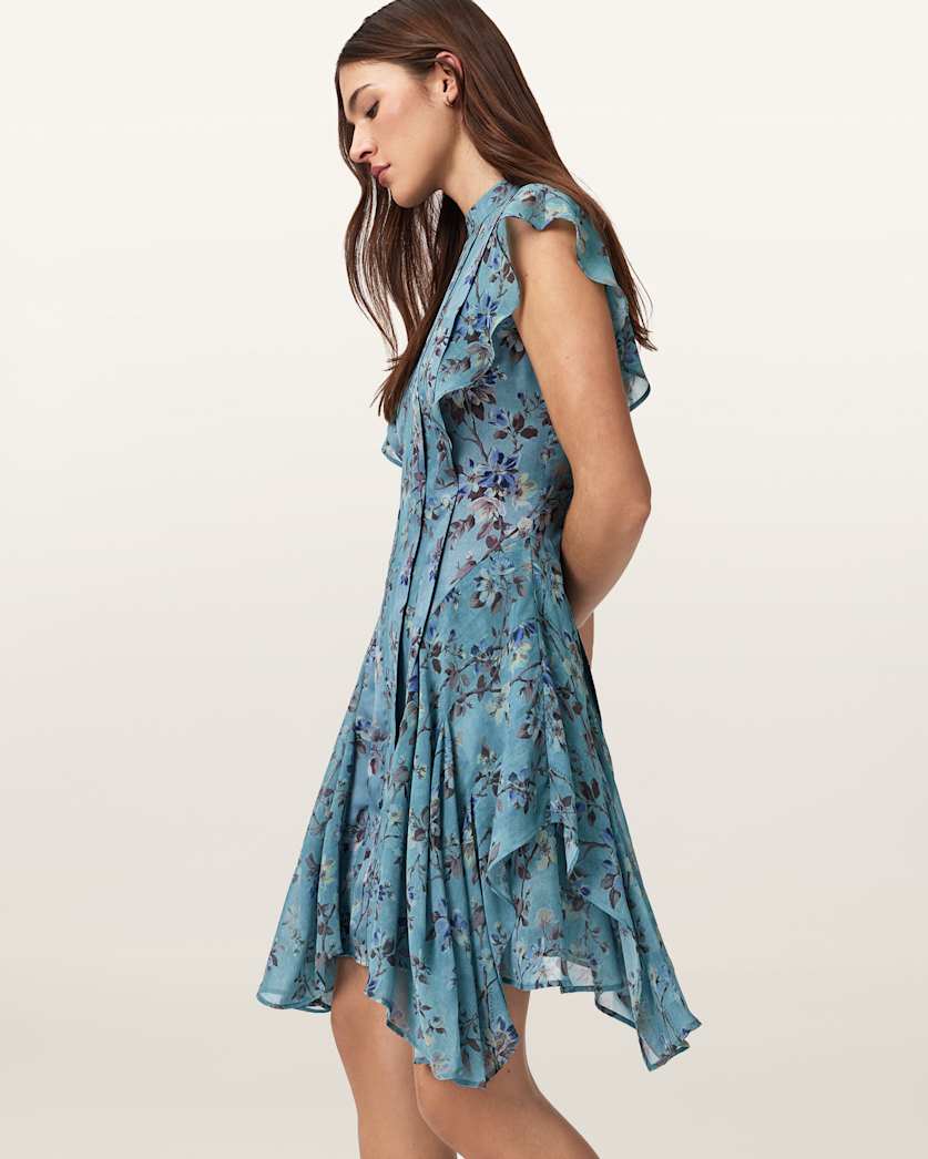 Fleur Printed Asymmetric Mini Dress VINE LAKE BLUE