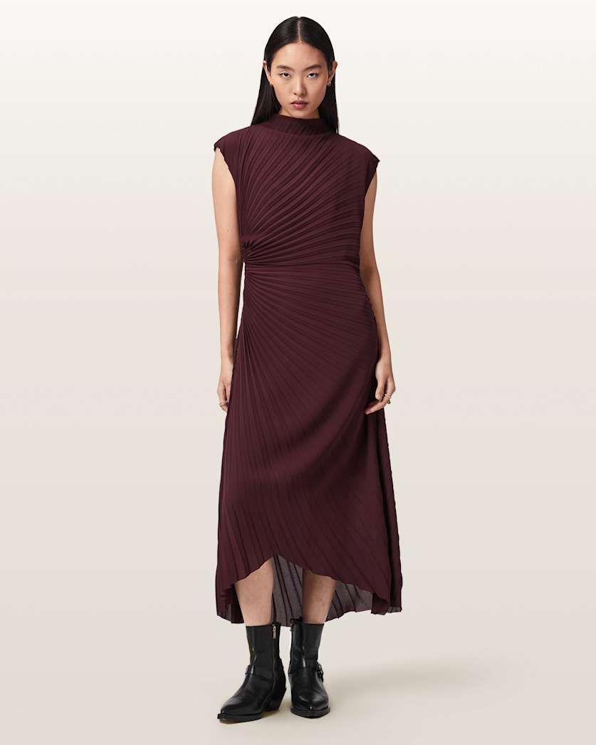 ALLSAINTS Women's Rayanna Pleated Midi Dress , Red , Size 0