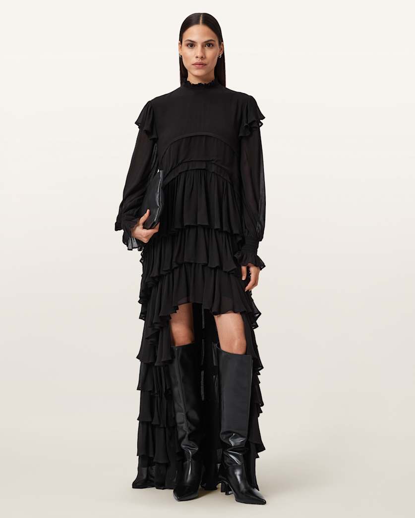 ruffle black maxi dress Barcelona The back of the dress is enhanced with a beautiful v detail YOURS Plus Size Black Ruffle