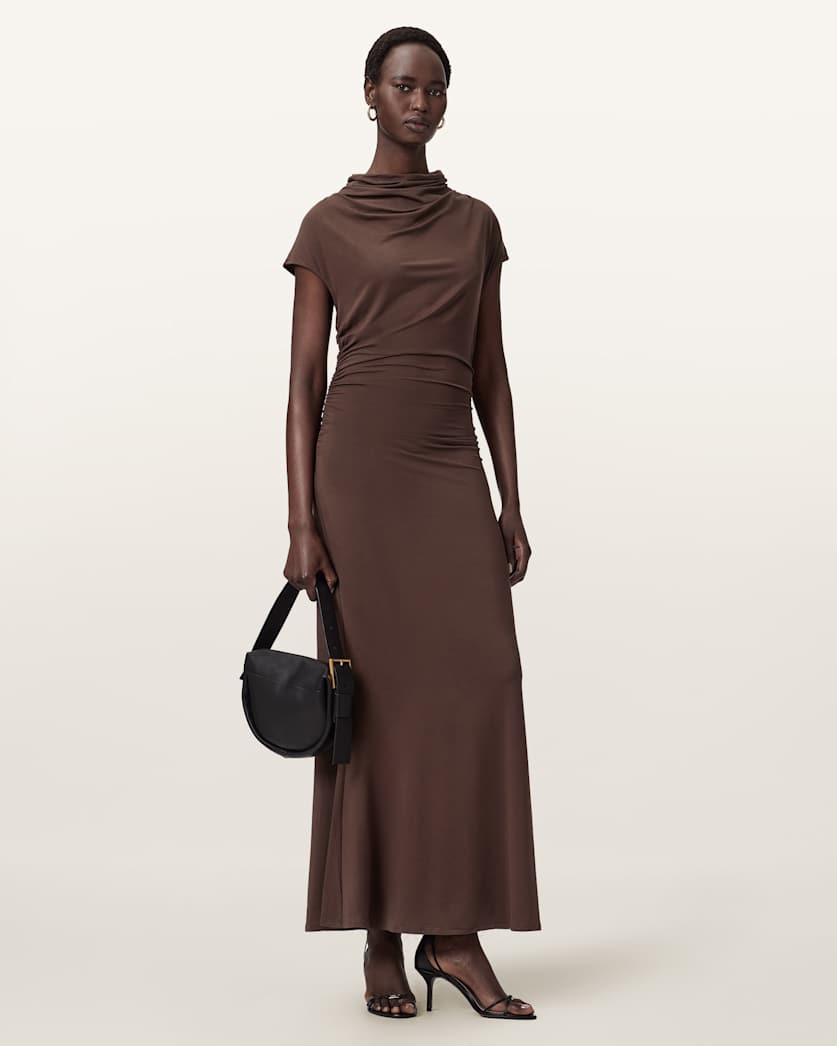 maxi brown bodycon dress Ruched Bodycon Maxi Dress in Brown