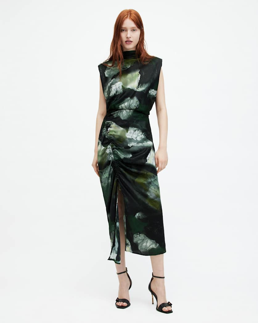 Isa Silk Blend Camo Print Midi Dress