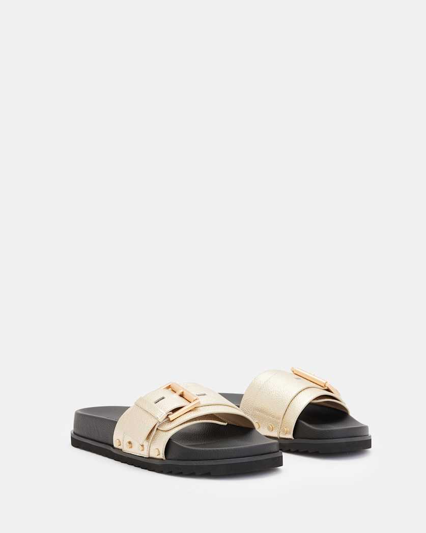 Ellie Buckle Metallic Leather Sliders