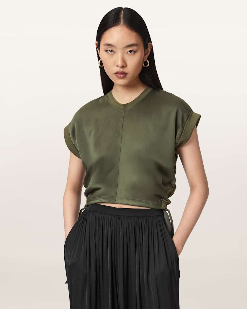 Mira Cropped Satin Drawcord T-Shirt
