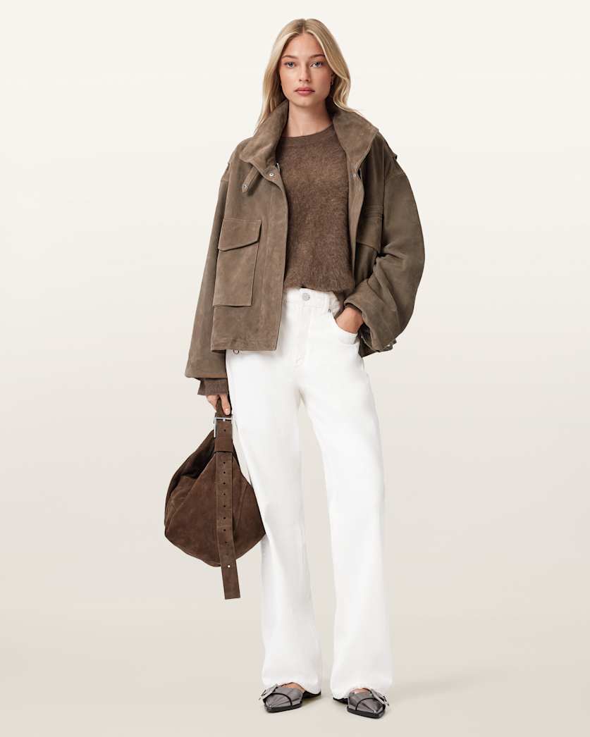 Clay Funnel Neck Suede Cropped Jacket