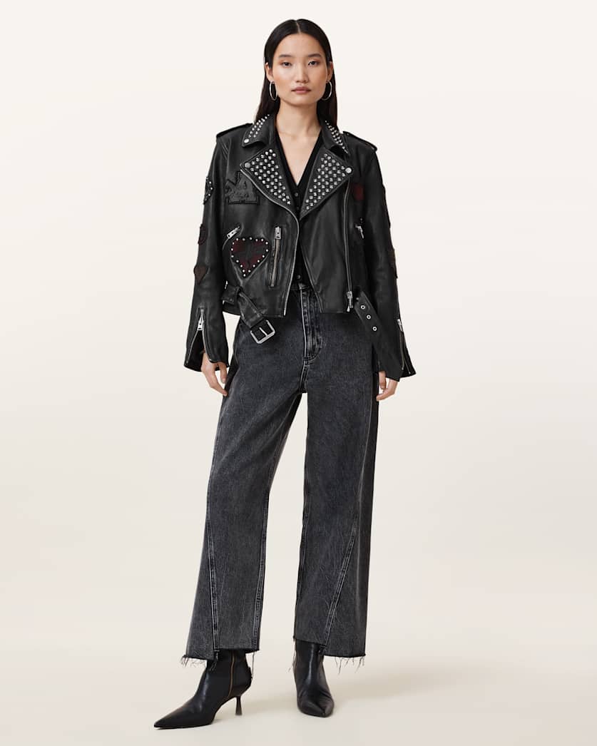 College Relaxed Fit Leather Biker Jacket