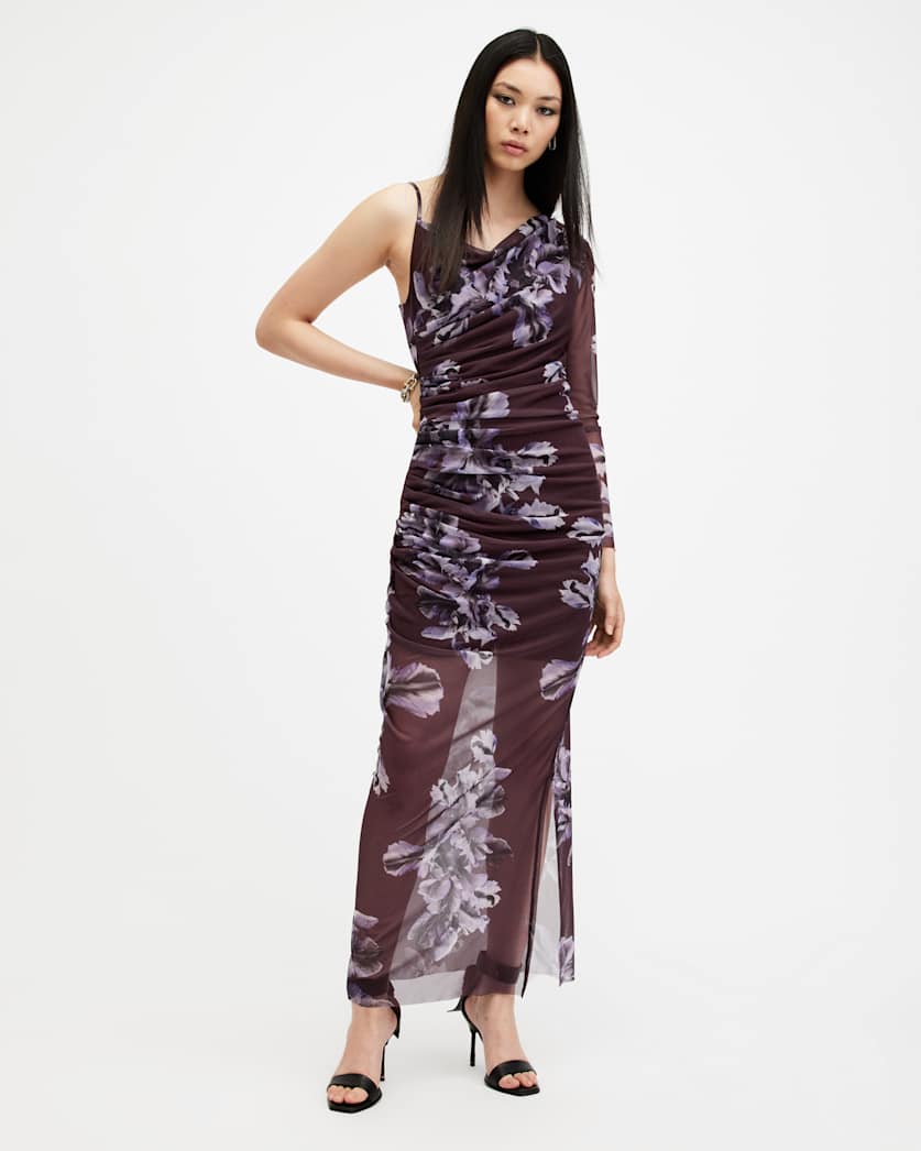 Eris One Shoulder Mesh Floral Midi Dress