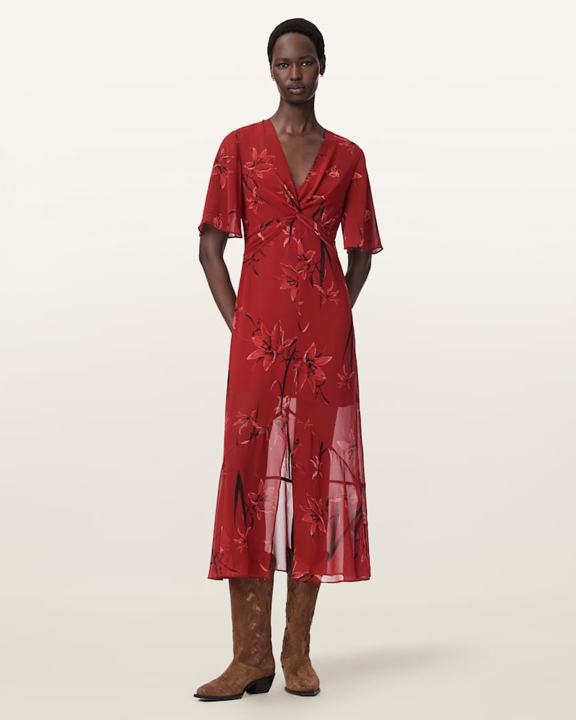 Mollie Twist Detail Floral Midi Dress PETRA DEEP RED | ALLSAINTS