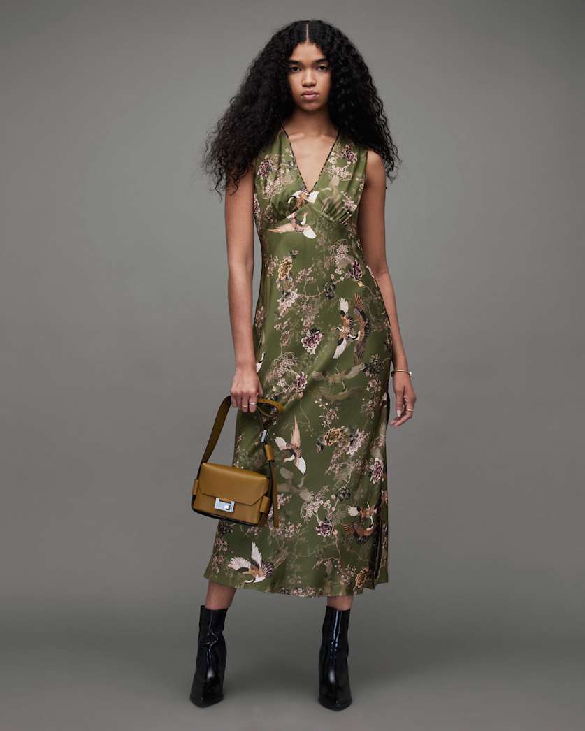 Karla Peggy Floral Silk Blend Maxi Dress KHAKI GREEN | ALLSAINTS