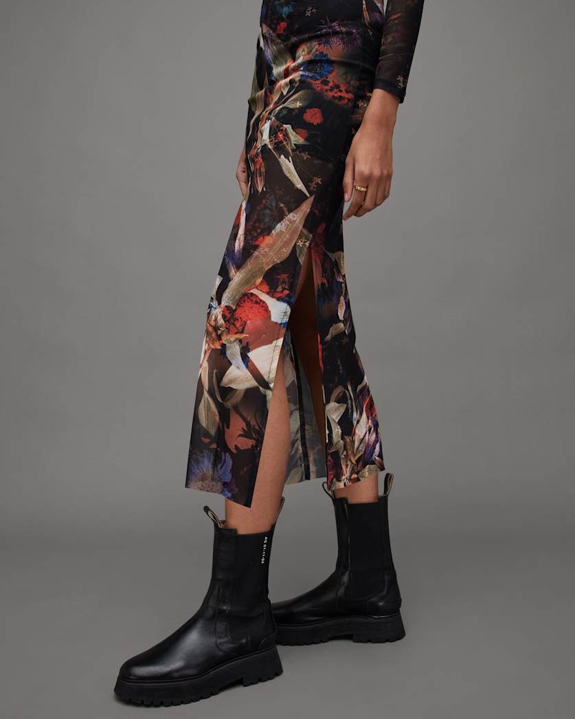 Tia Tippi Floral Print Mesh Midi Dress