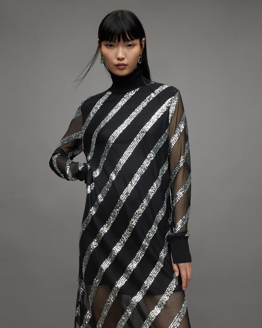 Juela Mesh Striped Sequin Midi Dress