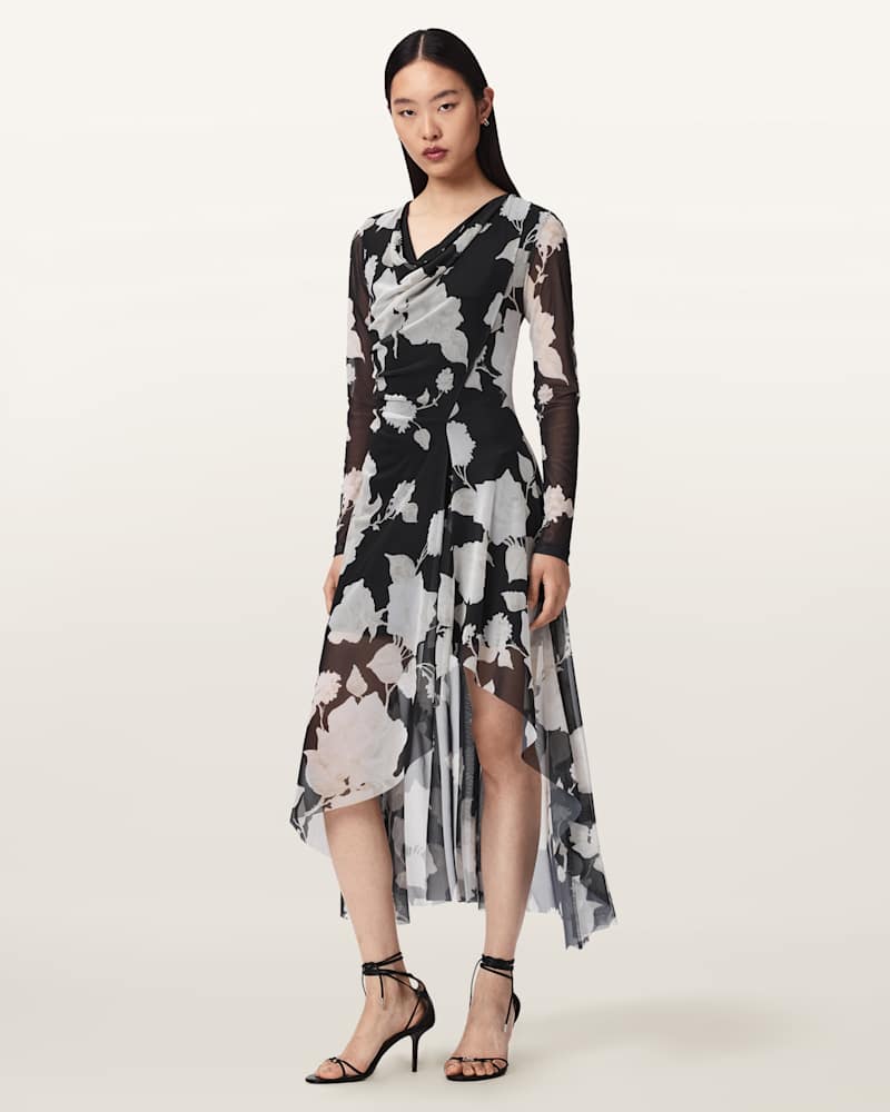 Loria Draped Mesh Midi Dress