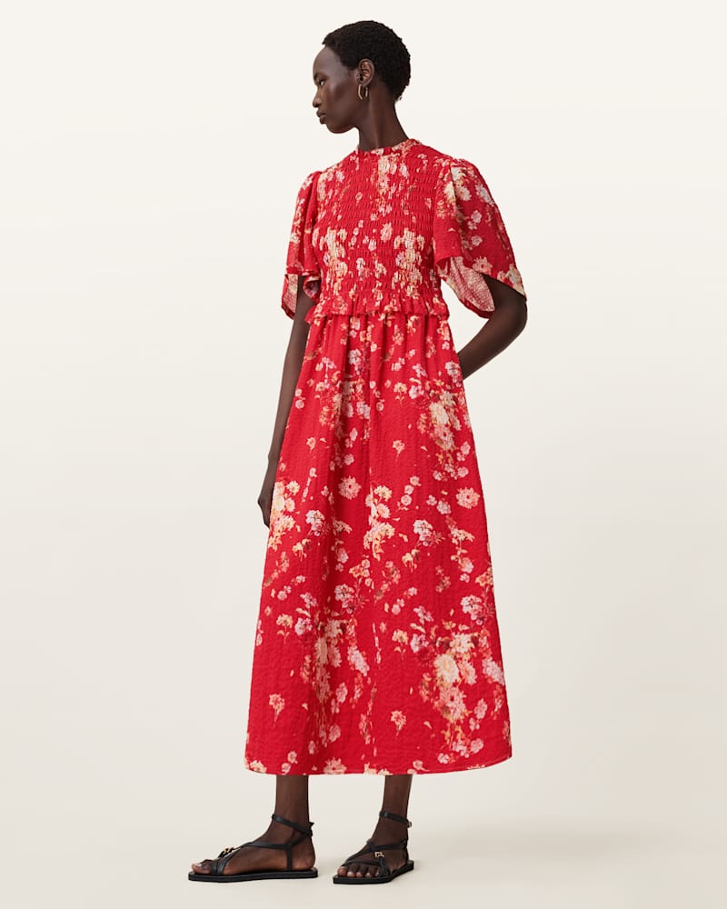 Mya Floral Print Shirred Midi Dress