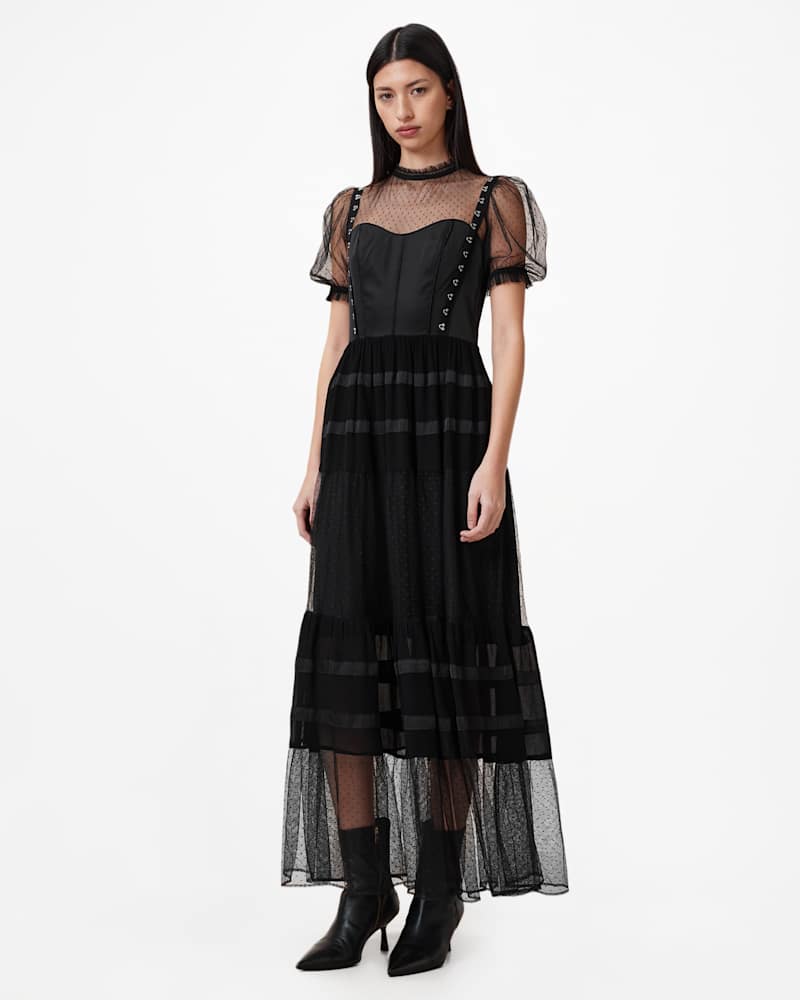 Ryla Polka Dot Mesh Maxi Dress