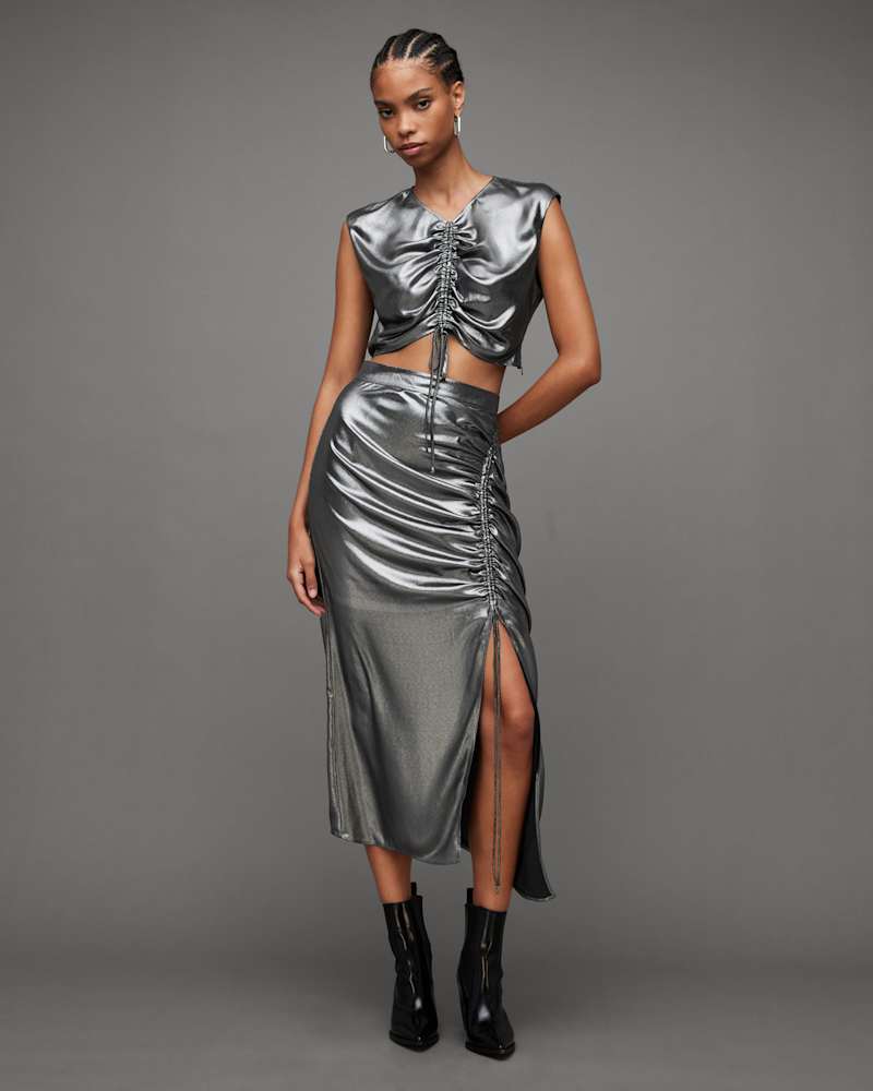 Carla Gathered Metallic Midi Skirt