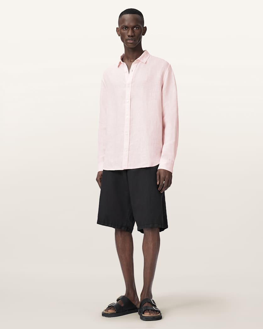 ALLSAINTS Men's Loom Long Sleeve Linen Shirt , Pink , Size S