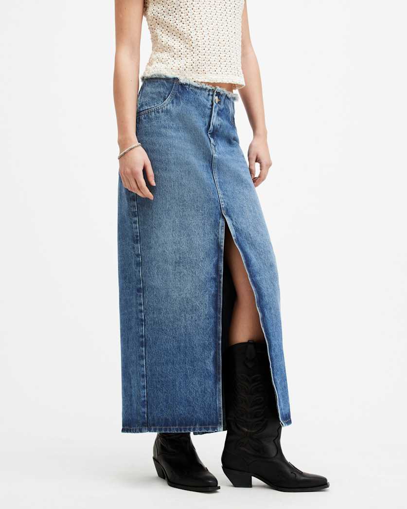 Cyra Frayed Waistband Maxi Denim Skirt