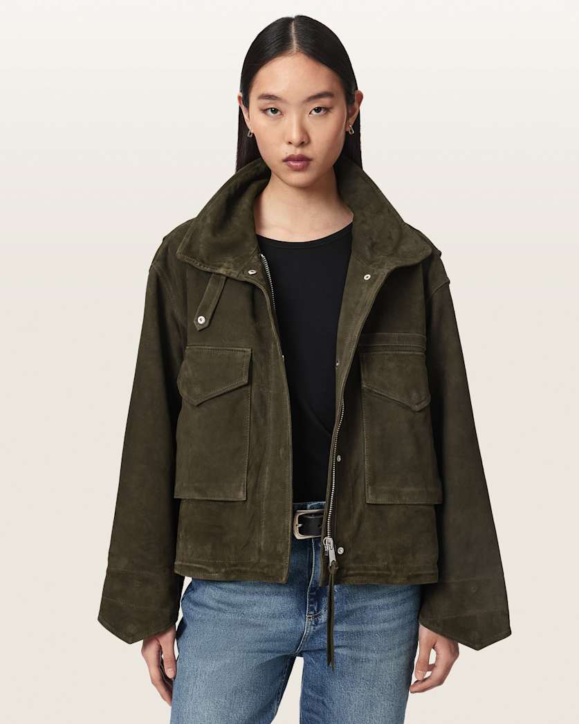 Clay Funnel Neck Suede Cropped Jacket