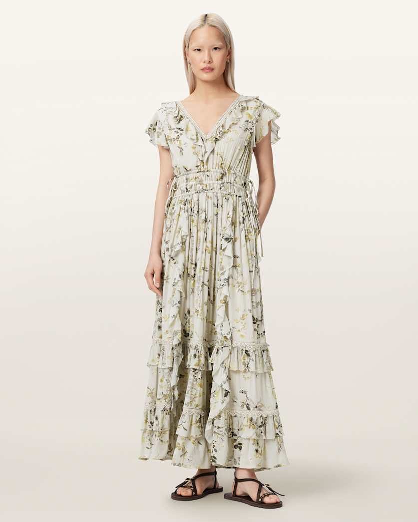 knee length dresses for ladies Green Floral V-Neck Tier Ruffle Maxi Dress – Pretty In Pink Boutique, LLC