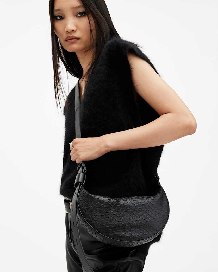 Half Moon Snake Effect Leather Bag