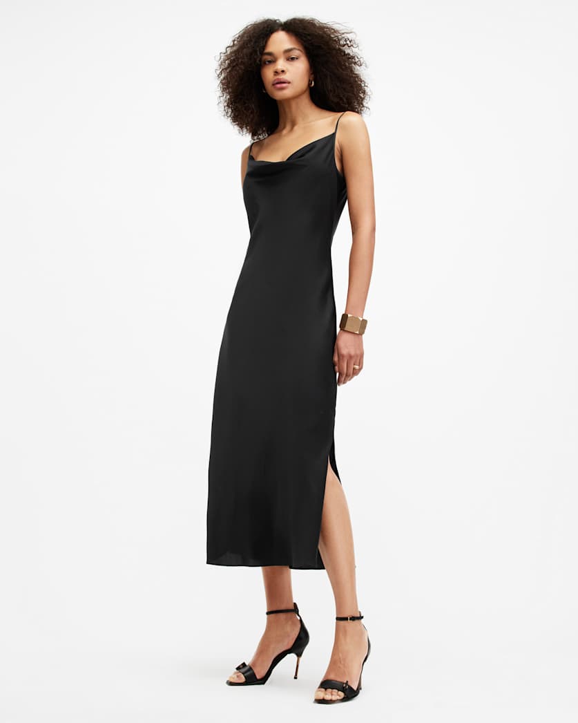 Hadley Cowl Neck Midi Slip Dress Black | ALLSAINTS US