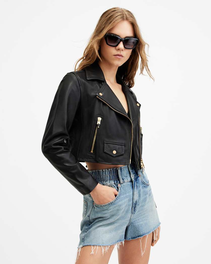 Elora Cropped Slim Leather Biker Jacket