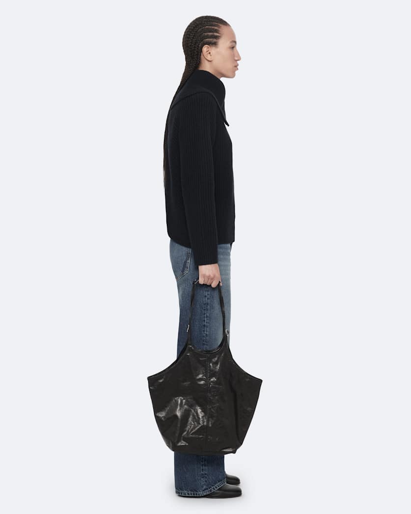 Asymmetric funnel-neck wool jumper