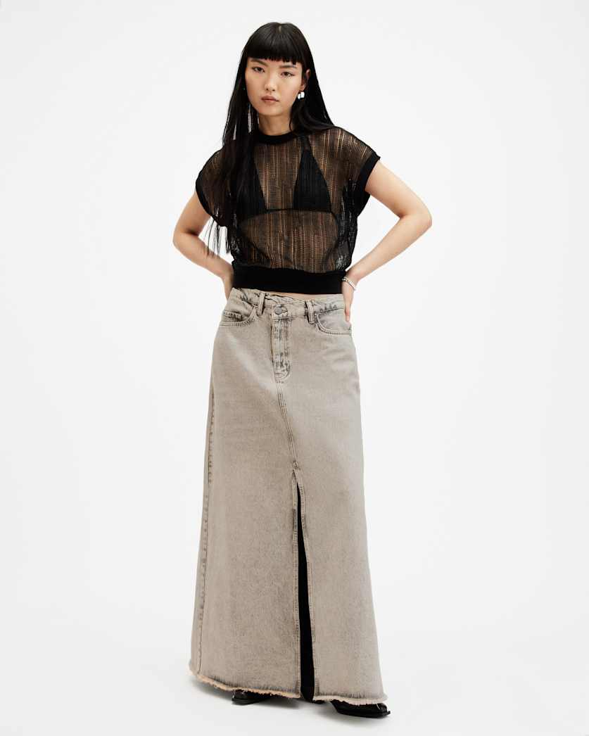 Noir Crossover Waist Denim Maxi Skirt
