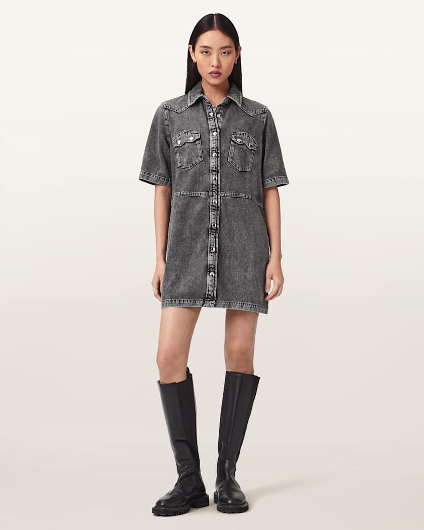 Rock Denim Mini Dress Washed Grey | ALLSAINTS