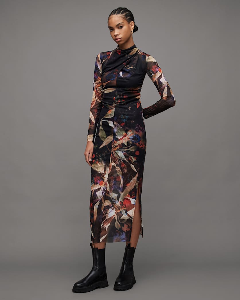 Tia Tippi Floral Print Mesh Midi Dress