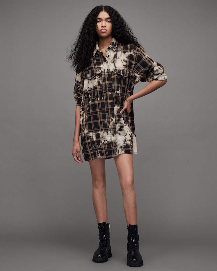 Lily Bleach Dyed Check Mini Shirt Dress