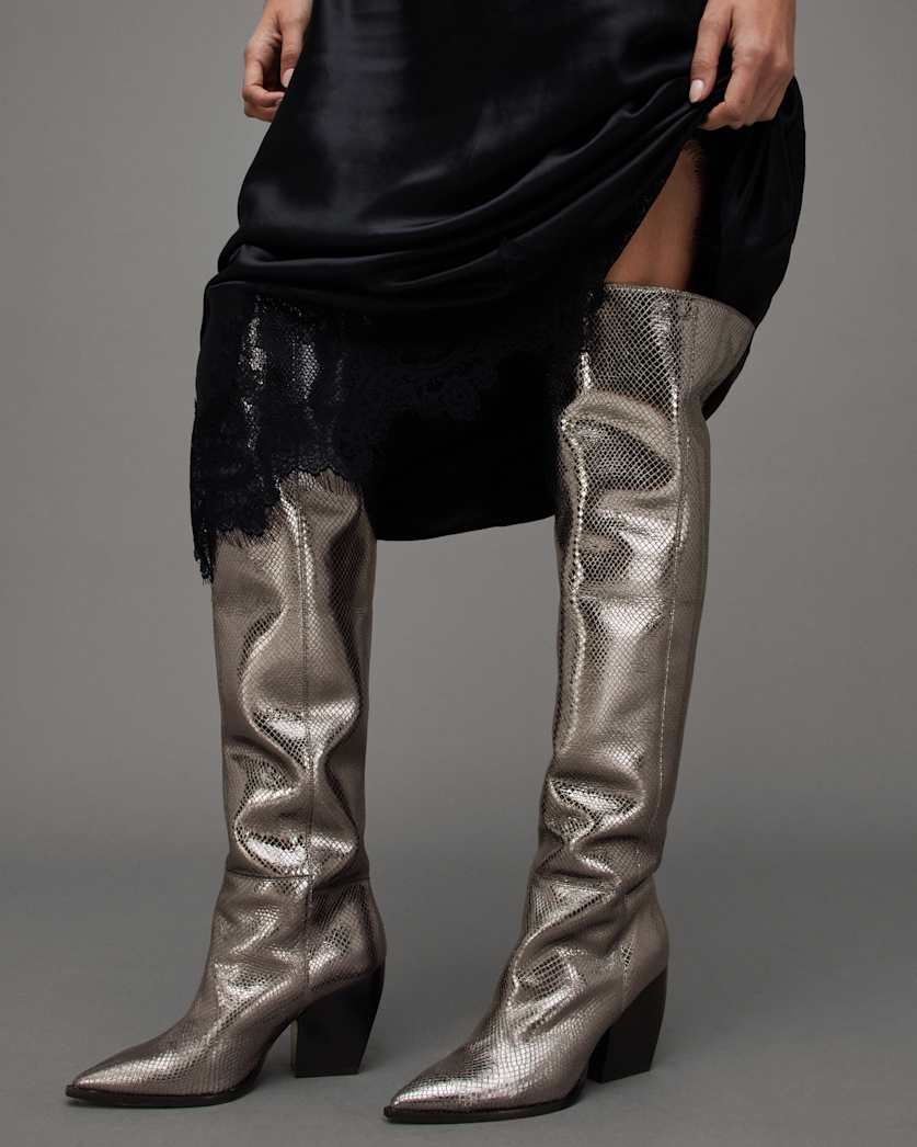 Reina Snake Print Metallic Leather Boots