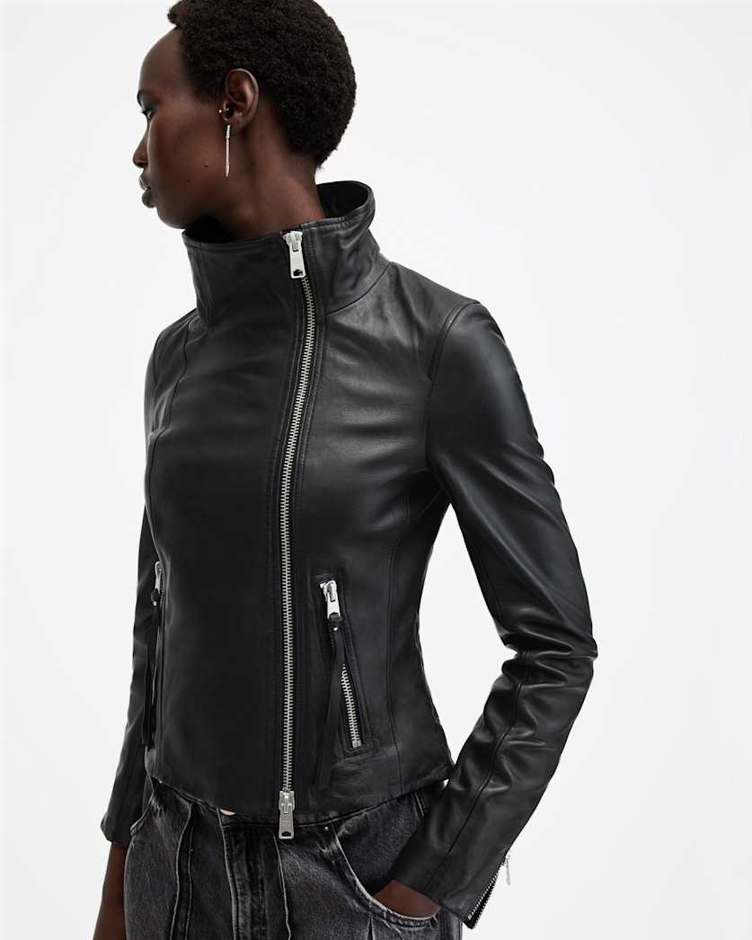 Ellis Funnel Neck Leather Biker Jacket