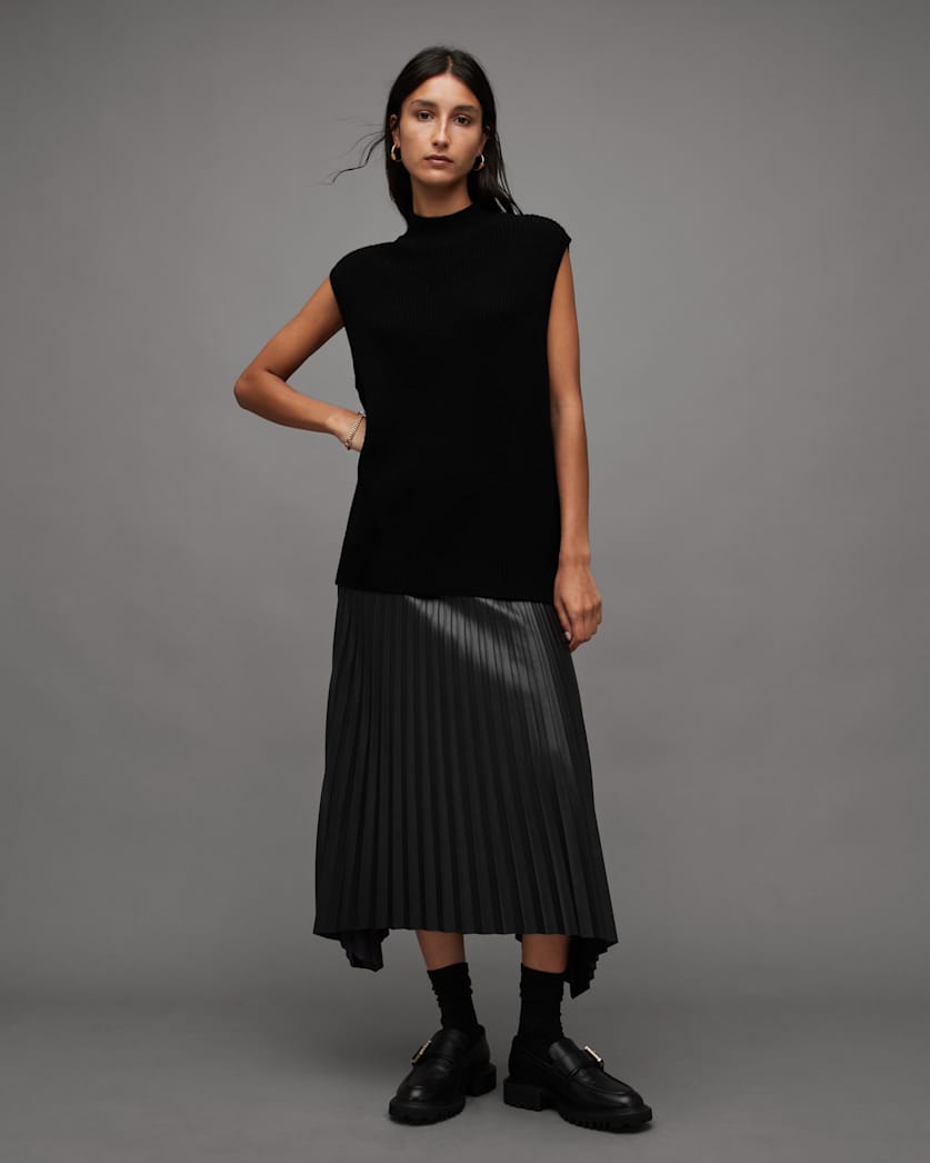Sylvy Pleated Faux Leather Midi Skirt