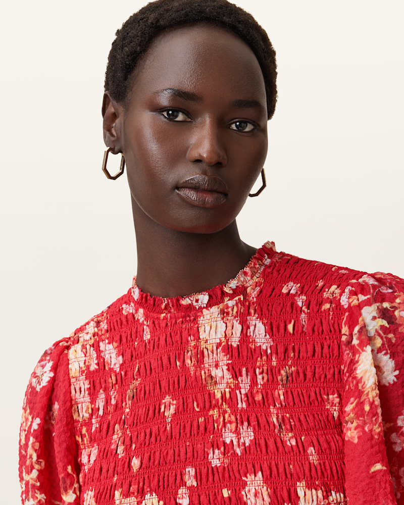 Mya Floral Print Shirred Midi Dress