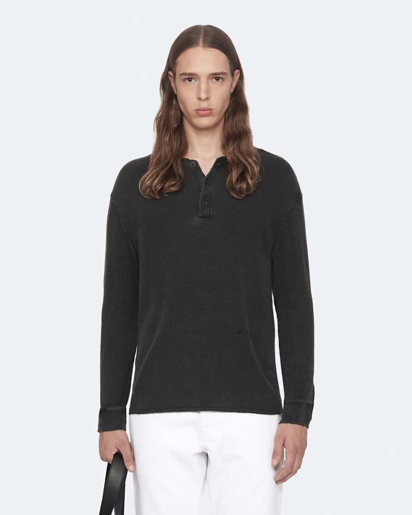 Raine Waffle-Knit Long-Sleeve Henley Top