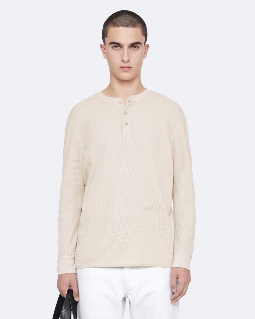 Raine Waffle-Knit Long-Sleeve Henley Top
