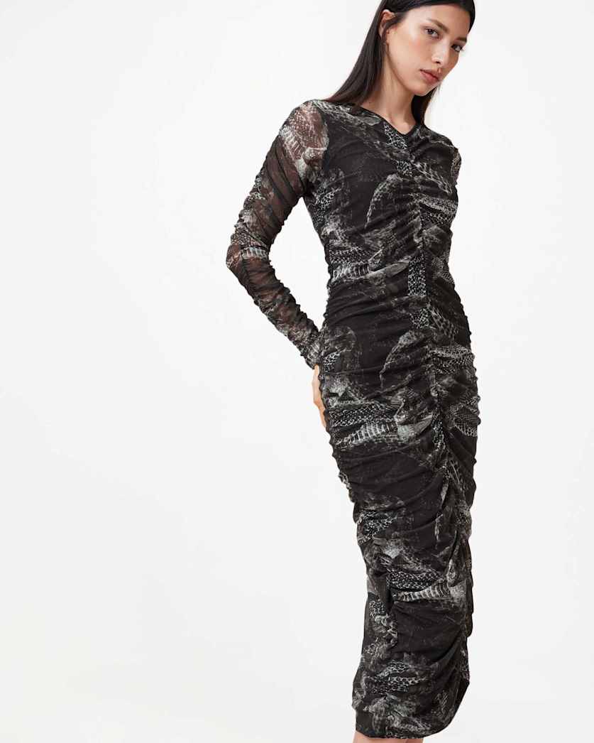 Keiko Mesh Gathered V-Neck Midi Dress