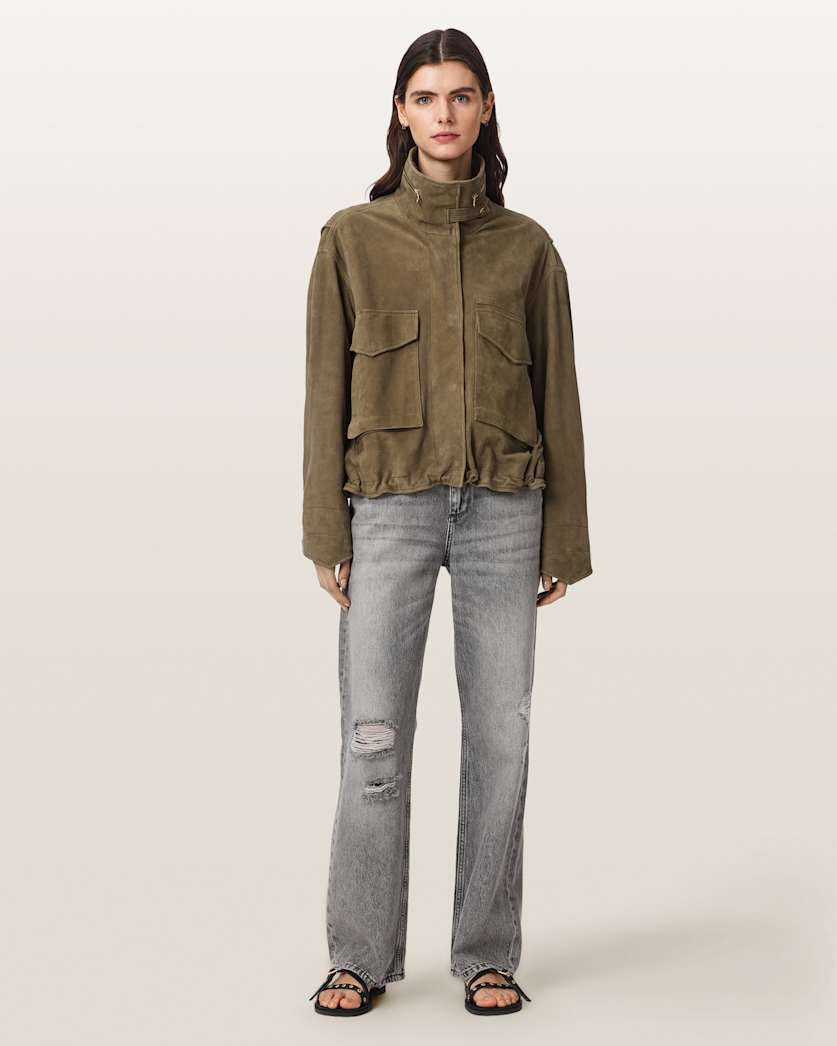 Clay Funnel Neck Suede Cropped Jacket