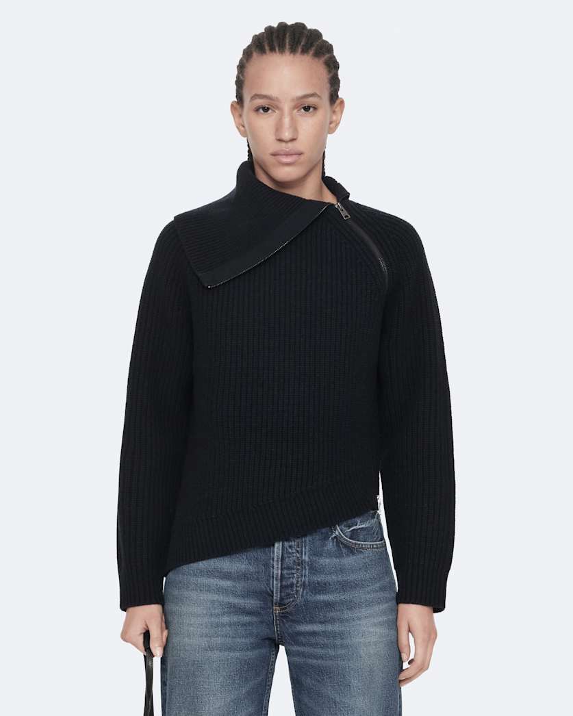 Asymmetric funnel-neck wool jumper