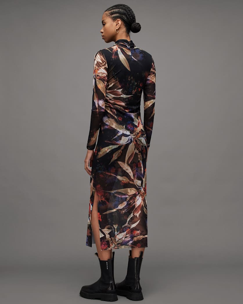 Tia Tippi Floral Print Mesh Midi Dress
