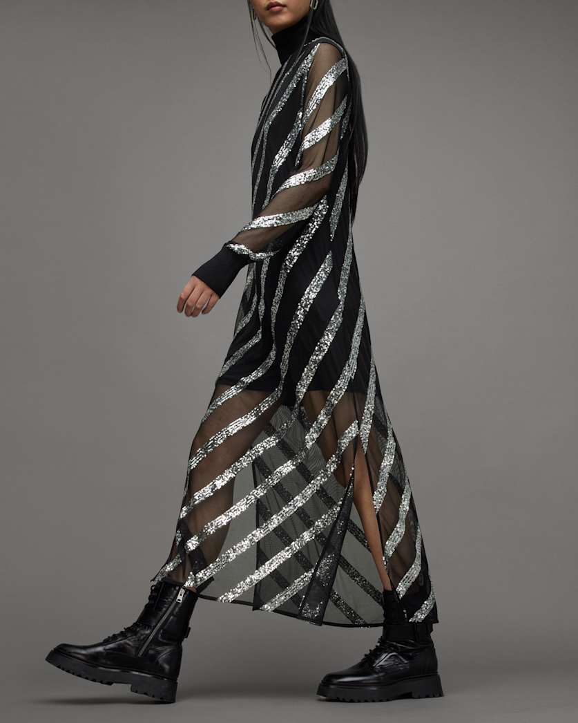 Juela Mesh Striped Sequin Midi Dress