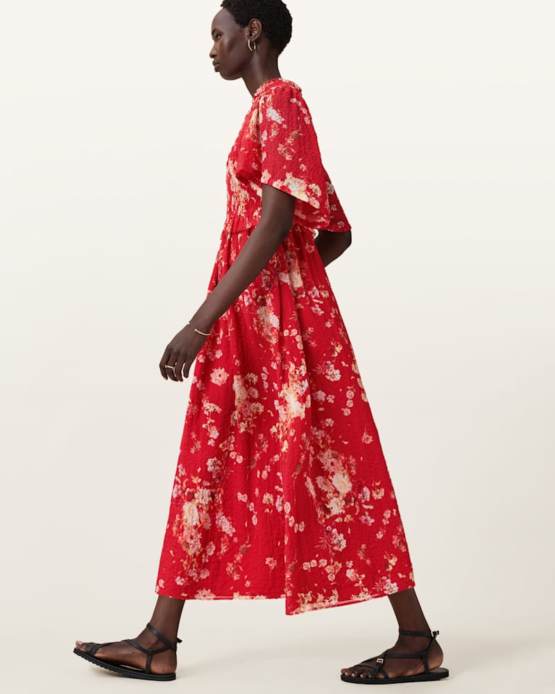 Mya Floral Print Shirred Midi Dress