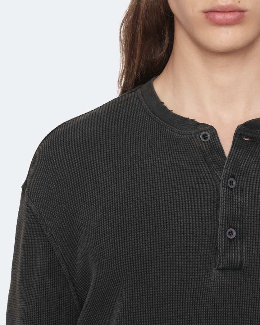 Raine Waffle-Knit Long-Sleeve Henley Top