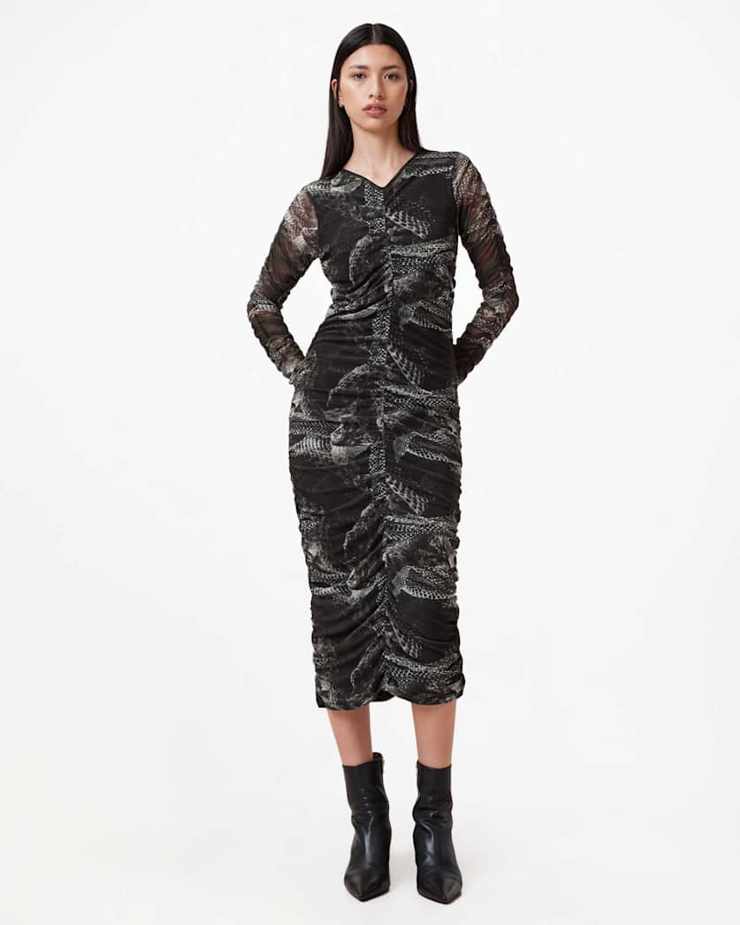 Keiko Mesh Gathered V-Neck Midi Dress