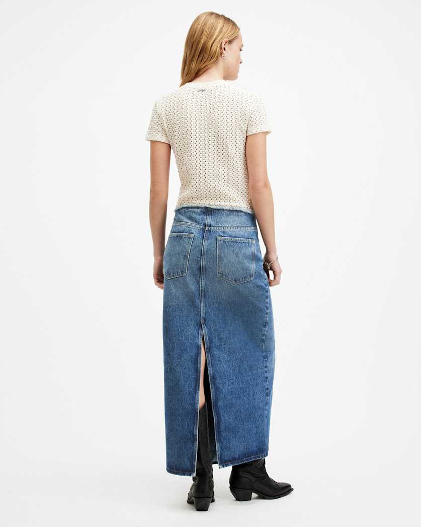 Cyra Frayed Waistband Maxi Denim Skirt